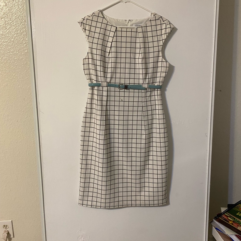 Calvin Klein White Checkered Dress with Blue Belt